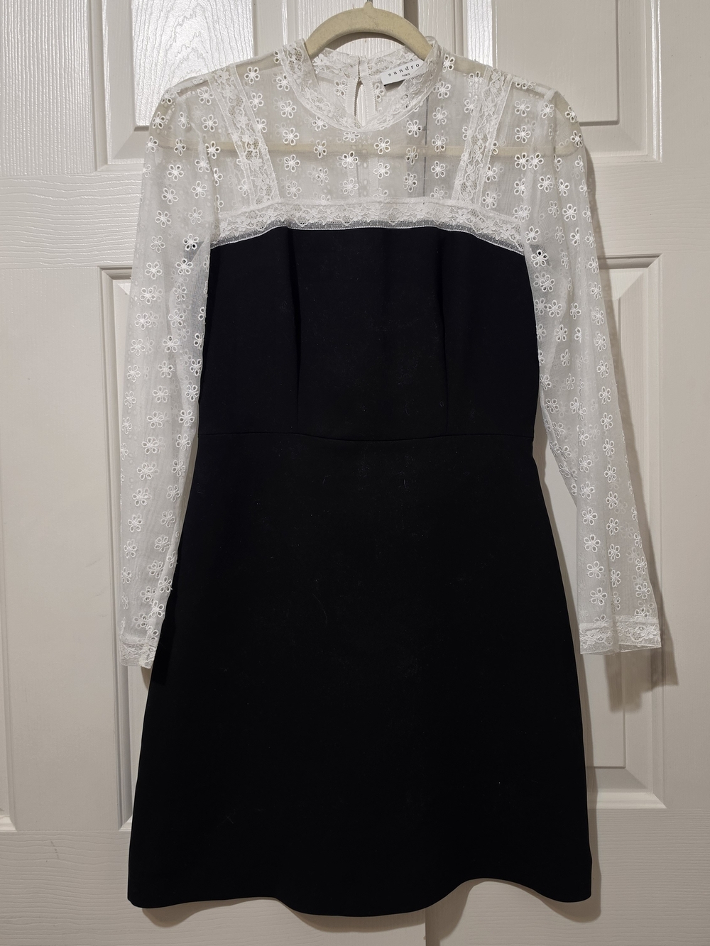 NWT Sandro Lace Insert Black Mini Dress Sz 36/4 Quiet Luxury Parisian Classic